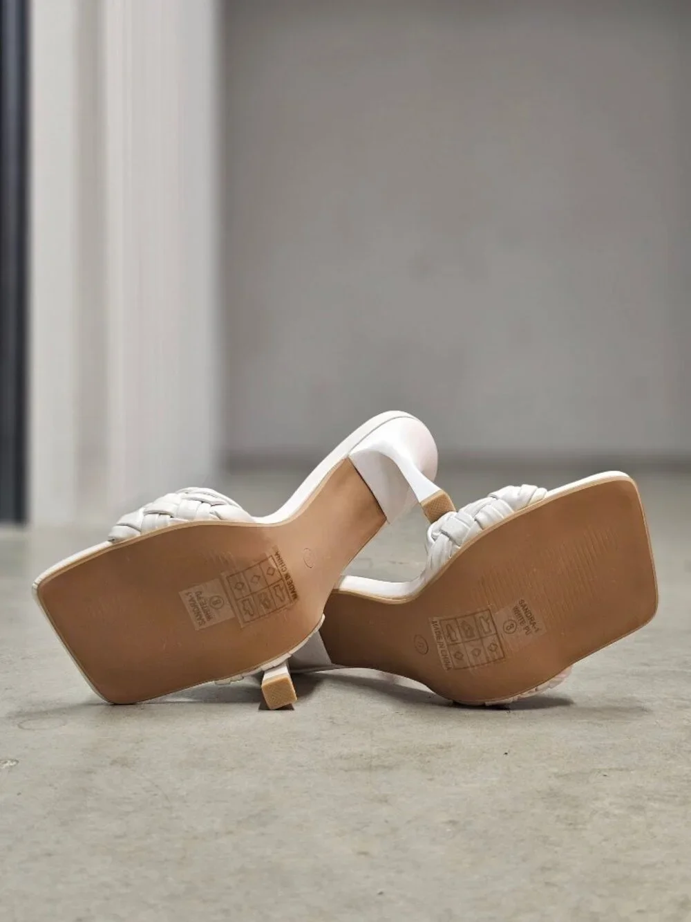 Braided White Heeled Mules With Square-Toe Design & Stiletto Heels